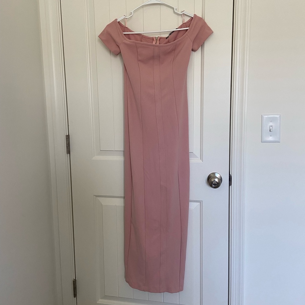 NEW ZARA women’s light pink off shoulder bodycon back slit maxi dress XS